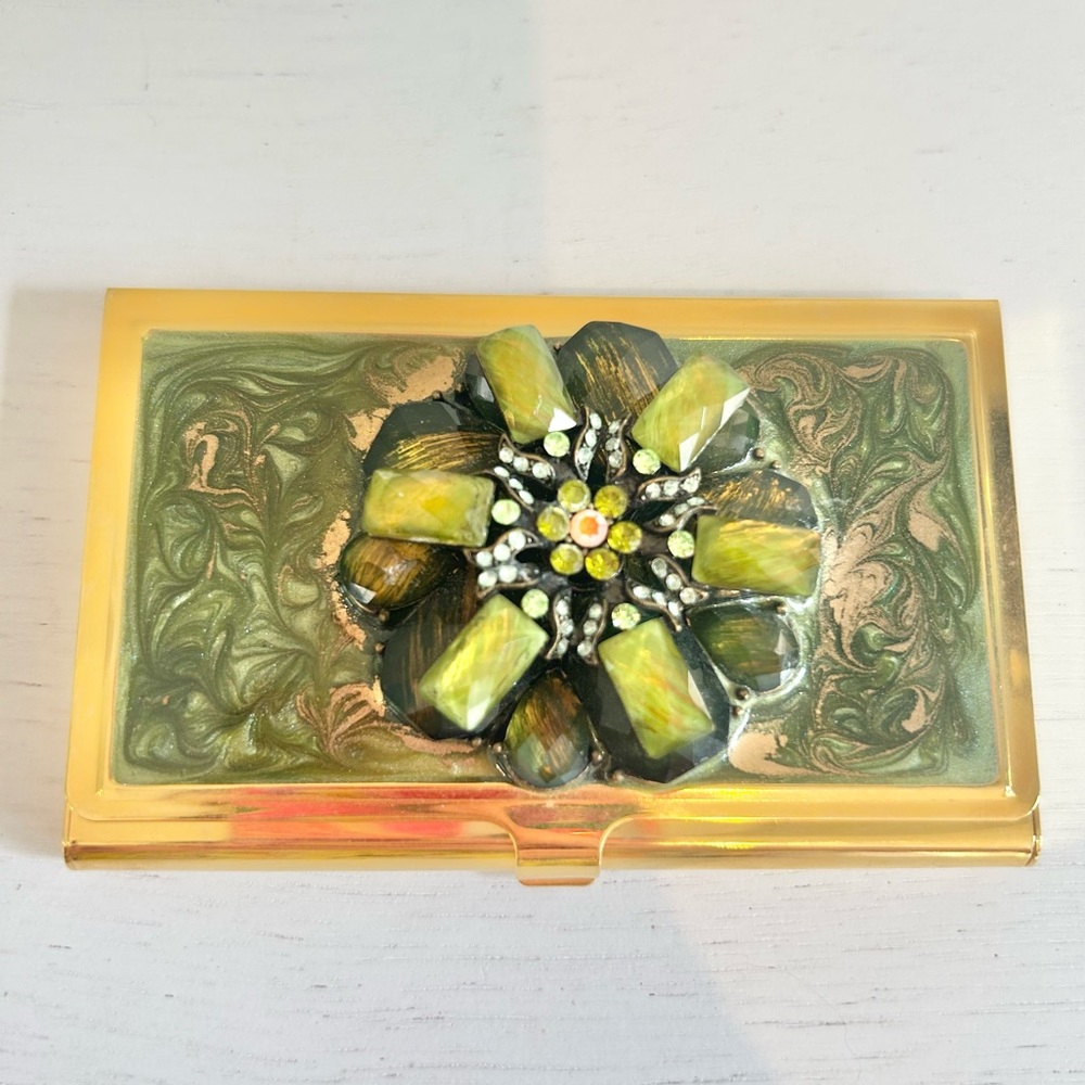 Unique Jeweled and Beaded Flower Gold Tone Business Card Holder Women